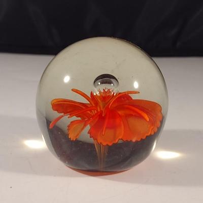 Art Glass Controlled Bubble Orange Floral Paperweight- Approx 2 1/2" Tall