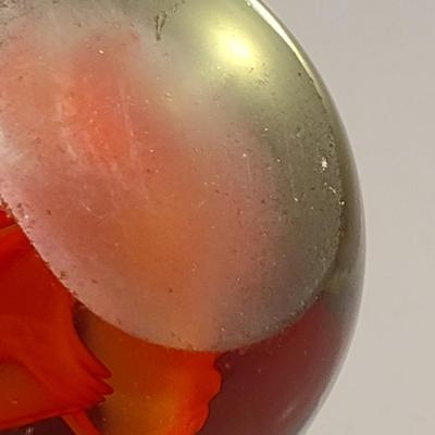 Art Glass Controlled Bubble Orange Floral Paperweight- Approx 2 1/2" Tall
