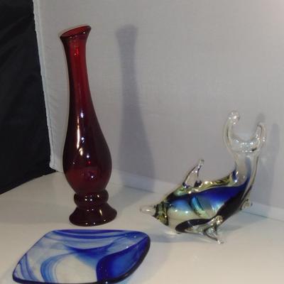 Collection of Colored Glass Home Decor- Vase, Small Plate, Glass Dolphin Paperweight