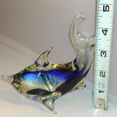 Collection of Colored Glass Home Decor- Vase, Small Plate, Glass Dolphin Paperweight