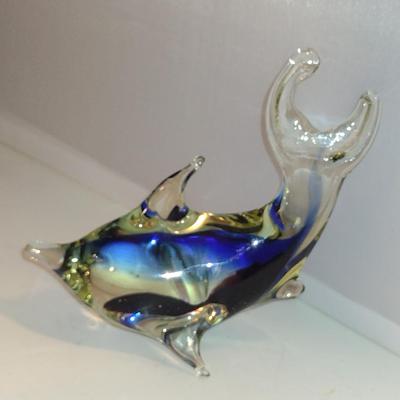 Collection of Colored Glass Home Decor- Vase, Small Plate, Glass Dolphin Paperweight