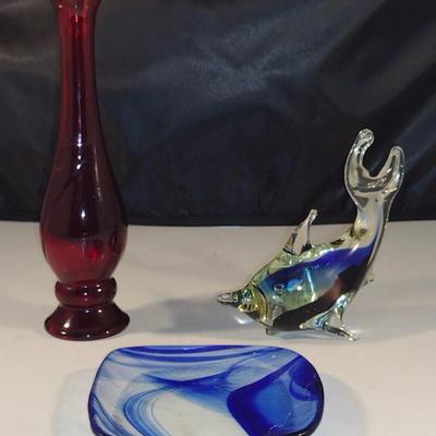 Collection of Colored Glass Home Decor- Vase, Small Plate, Glass Dolphin Paperweight