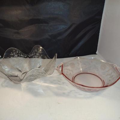 Pair of Vintage Etched Glass Serving Bowls