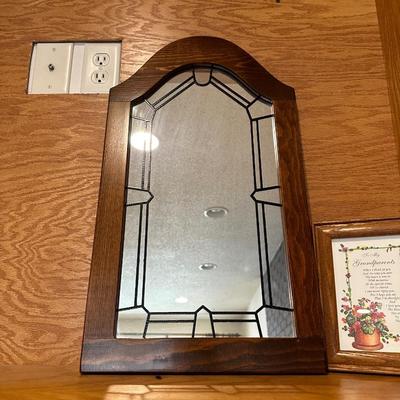 WALL MIRROR, OIL LAMP AND SMALL FRAMED PICTURE W/WORDS