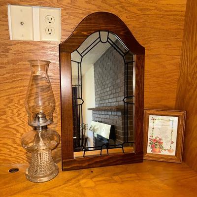WALL MIRROR, OIL LAMP AND SMALL FRAMED PICTURE W/WORDS
