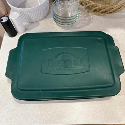 GLASS BAKING DISH, WEAVED CLAY BOWL, SALT/PEPPER SHAKERS AND MORE