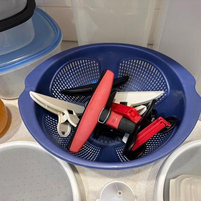 FOOD STORAGE CONTAINERS, 2 LAZY SUSANS, CHIP CLIPS AND TUMBLERS