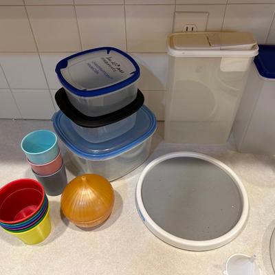 FOOD STORAGE CONTAINERS, 2 LAZY SUSANS, CHIP CLIPS AND TUMBLERS