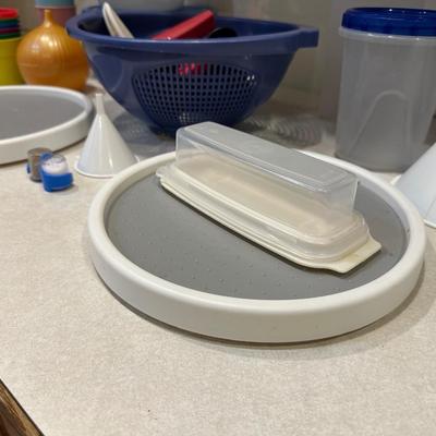 FOOD STORAGE CONTAINERS, 2 LAZY SUSANS, CHIP CLIPS AND TUMBLERS