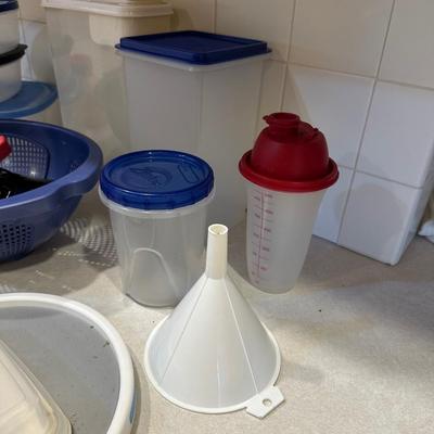 FOOD STORAGE CONTAINERS, 2 LAZY SUSANS, CHIP CLIPS AND TUMBLERS