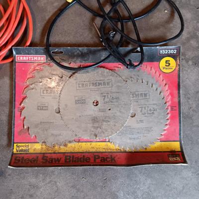 NEW 7 1/4 SAW BLADES, DRILL, EXTENSION CORDS AND MORE