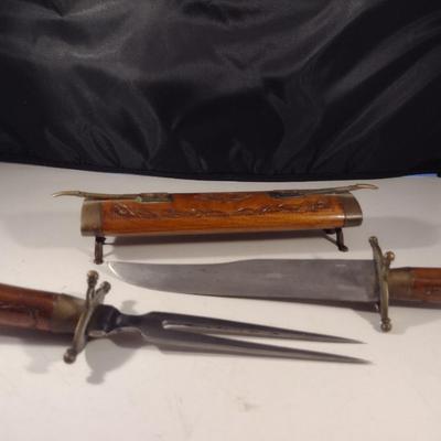Vintage Knife and Fork Carving Set- Hand Carved Handles and Wood Sheath