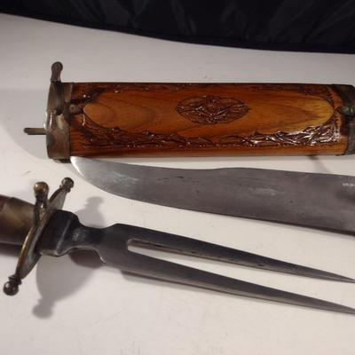 Vintage Knife and Fork Carving Set- Hand Carved Handles and Wood Sheath