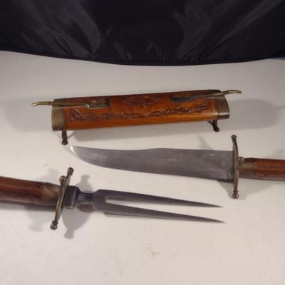 Vintage Knife and Fork Carving Set- Hand Carved Handles and Wood Sheath