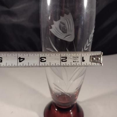 Vintage Romanian Glass Vase with Red Pedestal Base- Approx 9" Tall