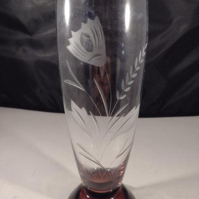 Vintage Romanian Glass Vase with Red Pedestal Base- Approx 9" Tall