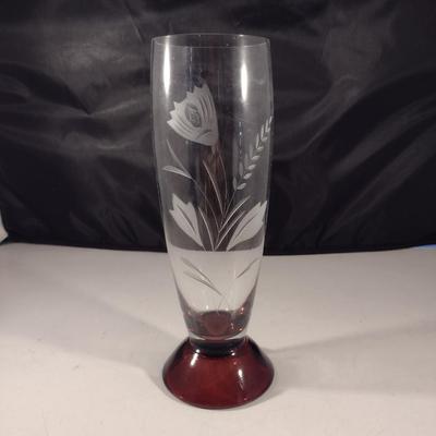 Vintage Romanian Glass Vase with Red Pedestal Base- Approx 9" Tall