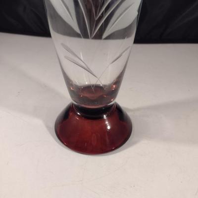 Vintage Romanian Glass Vase with Red Pedestal Base- Approx 9" Tall