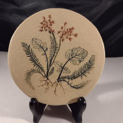 Artist Signed Handmade Pottery Trivet with Botanical Design- Approx 6" in Diameter