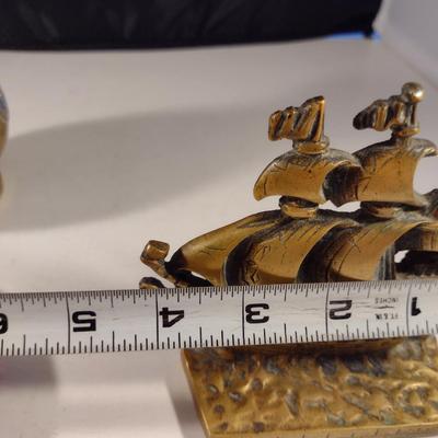 Collection of Metal Home Decor- Enameled Plate, Vase, Ship Design Bookend