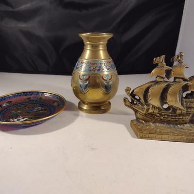 Collection of Metal Home Decor- Enameled Plate, Vase, Ship Design Bookend