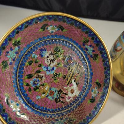 Collection of Metal Home Decor- Enameled Plate, Vase, Ship Design Bookend