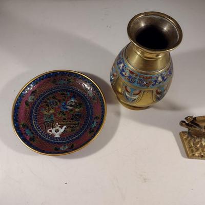 Collection of Metal Home Decor- Enameled Plate, Vase, Ship Design Bookend