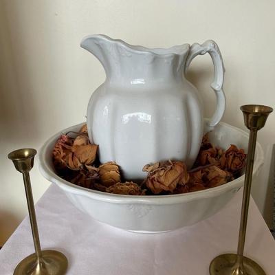 Johnson Bros. Antique water basin with 2 brass candle holders