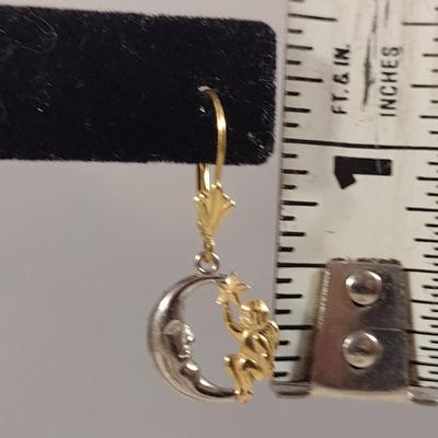 14 Karat Yellow and White Gold Moon and Cherub Design Dangle Earrings- Approx Weight 1.9 Grams (#10)