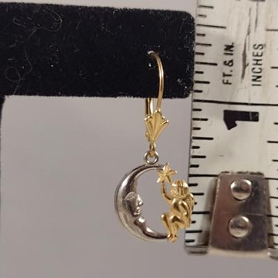 14 Karat Yellow and White Gold Moon and Cherub Design Dangle Earrings- Approx Weight 1.9 Grams (#10)