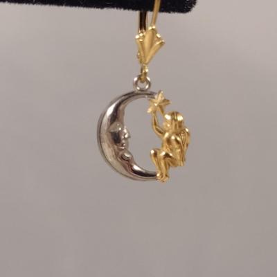 14 Karat Yellow and White Gold Moon and Cherub Design Dangle Earrings- Approx Weight 1.9 Grams (#10)