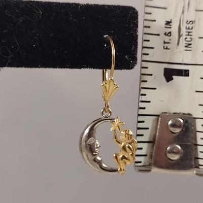 14 Karat Yellow and White Gold Moon and Cherub Design Dangle Earrings- Approx Weight 1.9 Grams (#10)