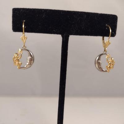 14 Karat Yellow and White Gold Moon and Cherub Design Dangle Earrings- Approx Weight 1.9 Grams (#10)