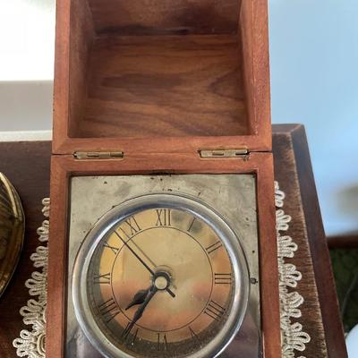 Brass planters, clock in a wooden box with