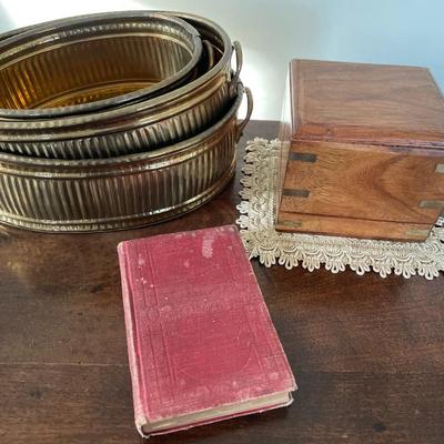 Brass planters, clock in a wooden box with