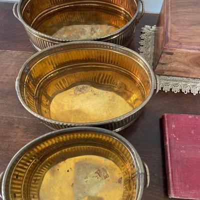 Brass planters, clock in a wooden box with