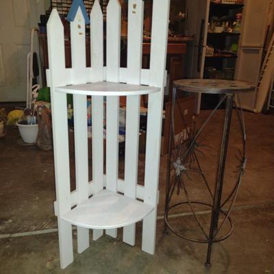 Pair of Plant Stands- One Wooden Corner Stand, One Metal Round Stand