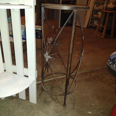 Pair of Plant Stands- One Wooden Corner Stand, One Metal Round Stand