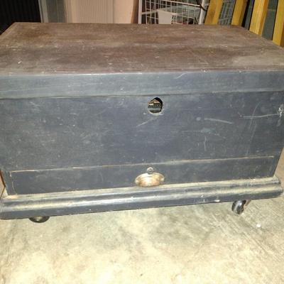 Vintage Wooden Rolling Tool Box with Contents