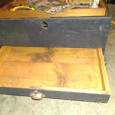 Vintage Wooden Rolling Tool Box with Contents