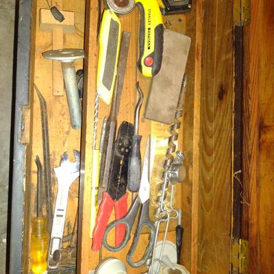 Vintage Wooden Rolling Tool Box with Contents