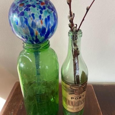 Port Wine bottle and vintage green juice/water jar