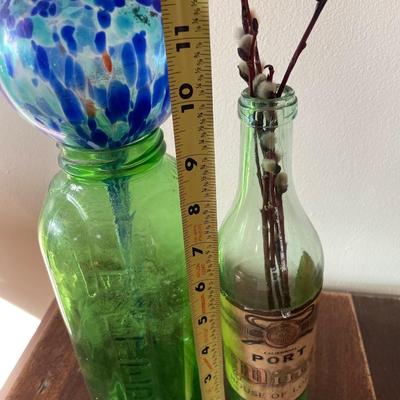 Port Wine bottle and vintage green juice/water jar