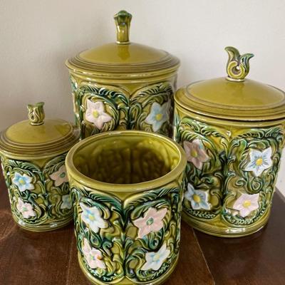 Lefton Green with pick flowers canister set