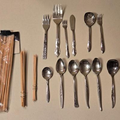 Mixed Lot of Flatware and Wood Skewers