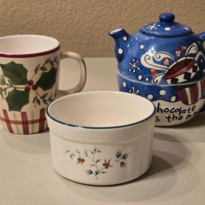 Christmas PFALTZGRAFF Bowl, Los Angeles Pottery Mug, and A Hot Cocoa or Tea Individual Pot and Mug