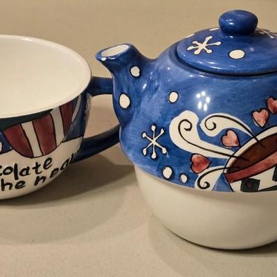 Christmas PFALTZGRAFF Bowl, Los Angeles Pottery Mug, and A Hot Cocoa or Tea Individual Pot and Mug