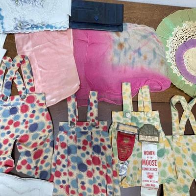 Lot of Vintage handkerchiefs, scarves, & doll clothes.