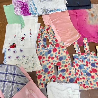 Lot of Vintage handkerchiefs, scarves, & doll clothes.