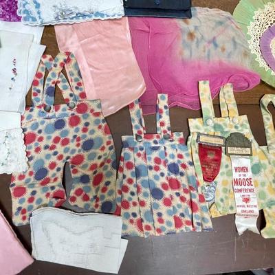 Lot of Vintage handkerchiefs, scarves, & doll clothes.
